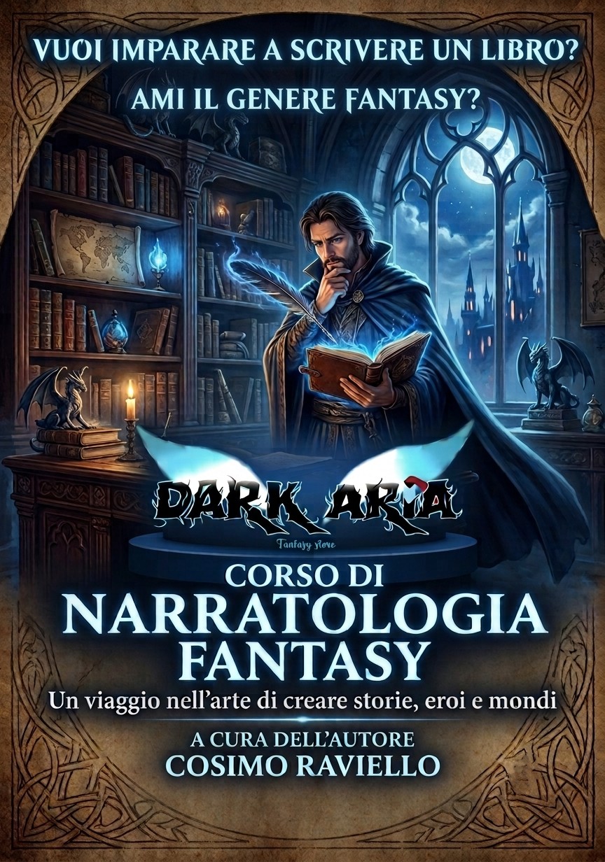 Locandina del Corso di Narratologia Fantasy di Dark Aria a Bellizzi con Cosimo Raviello.